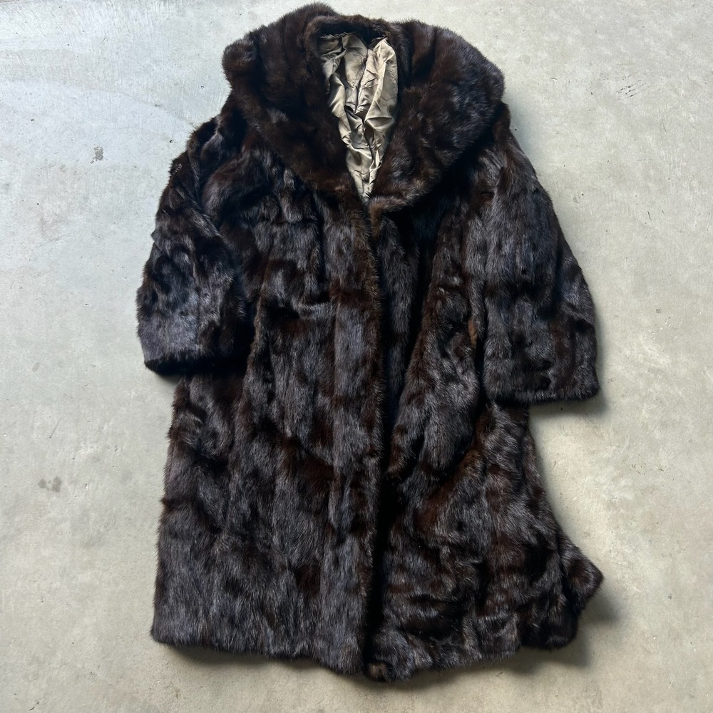 Vintage Dark Brown Real Mink Fur Coat Shawl Collar Longline Jacket Mahogany